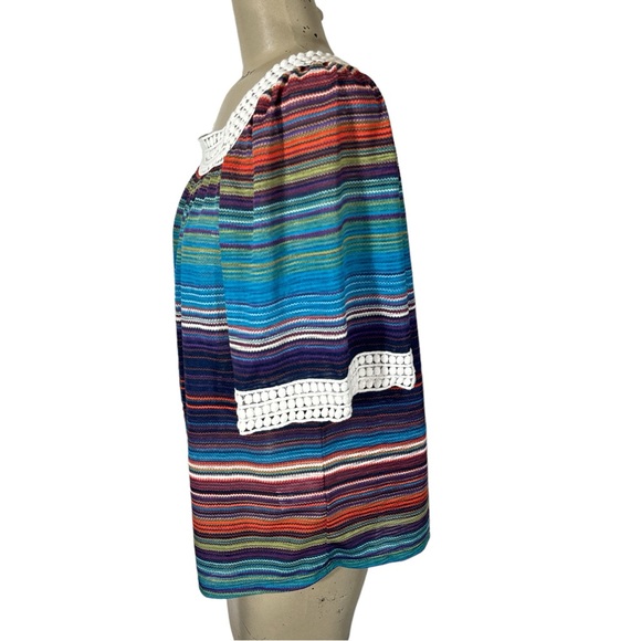 Hannah Southwest Serape Stripe Blouse Triple Crochet Flat Pom Trim Women’s Sz S - Picture 2 of 5